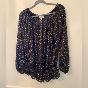 Michael Kors women’s BoHo top. Black with small gold print. Size L.